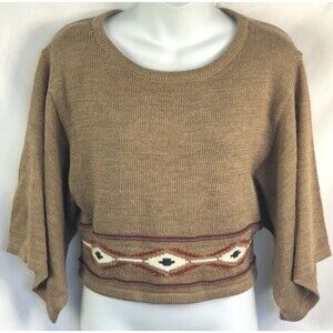 NWT Design Cropped sweater S Tan Geo Aztec dolman Flare sleeve wool blend Boho